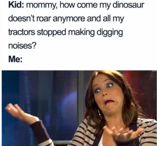 dinosaurus, hluk, vtipné memy o rodičovství dětí a rodičů v angličtině