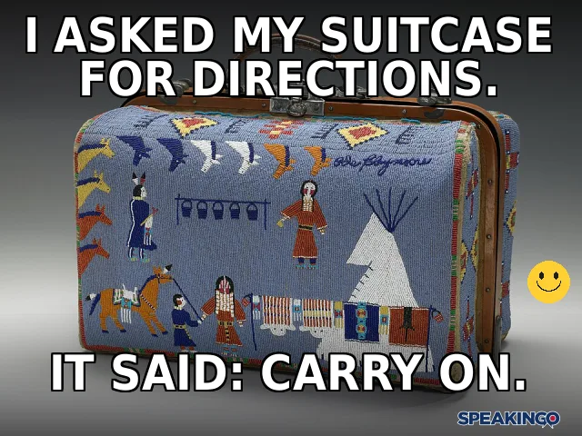 Мем за английски за пътуване и изрази. I asked my suitcase for directions. It said: carry on.
